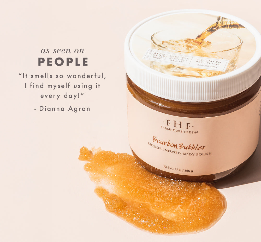 Jar of FHF Bourbon Bubbler Liquor Infused Body Polish with test to the left saying: "As seen on PEOPLE: It smells so wonderful, I find myself using it everyday! - Dianna Agron"