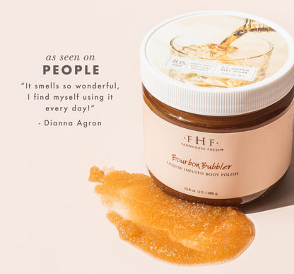 Jar of FHF Bourbon Bubbler Liquor Infused Body Polish with test to the left saying: "As seen on PEOPLE: It smells so wonderful, I find myself using it everyday! - Dianna Agron"