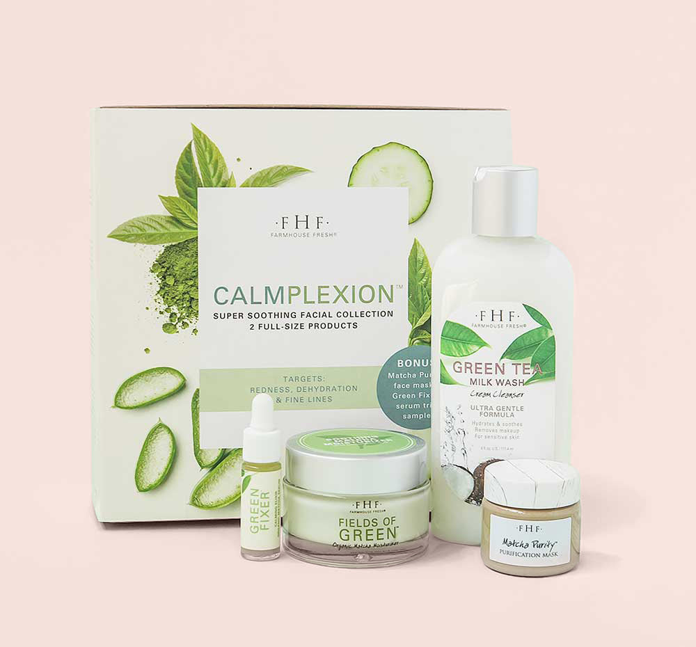 FarmHouse Fresh Calmplexion Super Soothing Facial Collection gift set that includes a creamy coconut milk cleanser, a skin-soothing moisturizer and two trial samples that hydrate, soothe and relieve irritated skin.