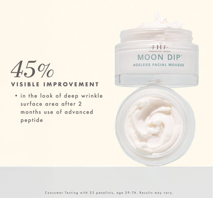FHF Moon Dip Ageless Facial Mousse with 45% visible improvement text on a white background