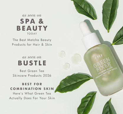 FarmHouse Fresh Green Fixer Calming Elixir Organic Matcha Serum with green tea leaves, featured in Spa & Beauty Today and Bustle for matcha skincare, green tea benefits, and combination skin.