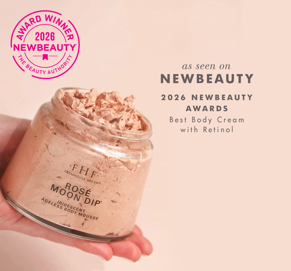FarmHouse Fresh Rosé Moon Dip iridescent body mousse jar with 2026 NewBeauty Award badge for Best Body Cream with Retinol