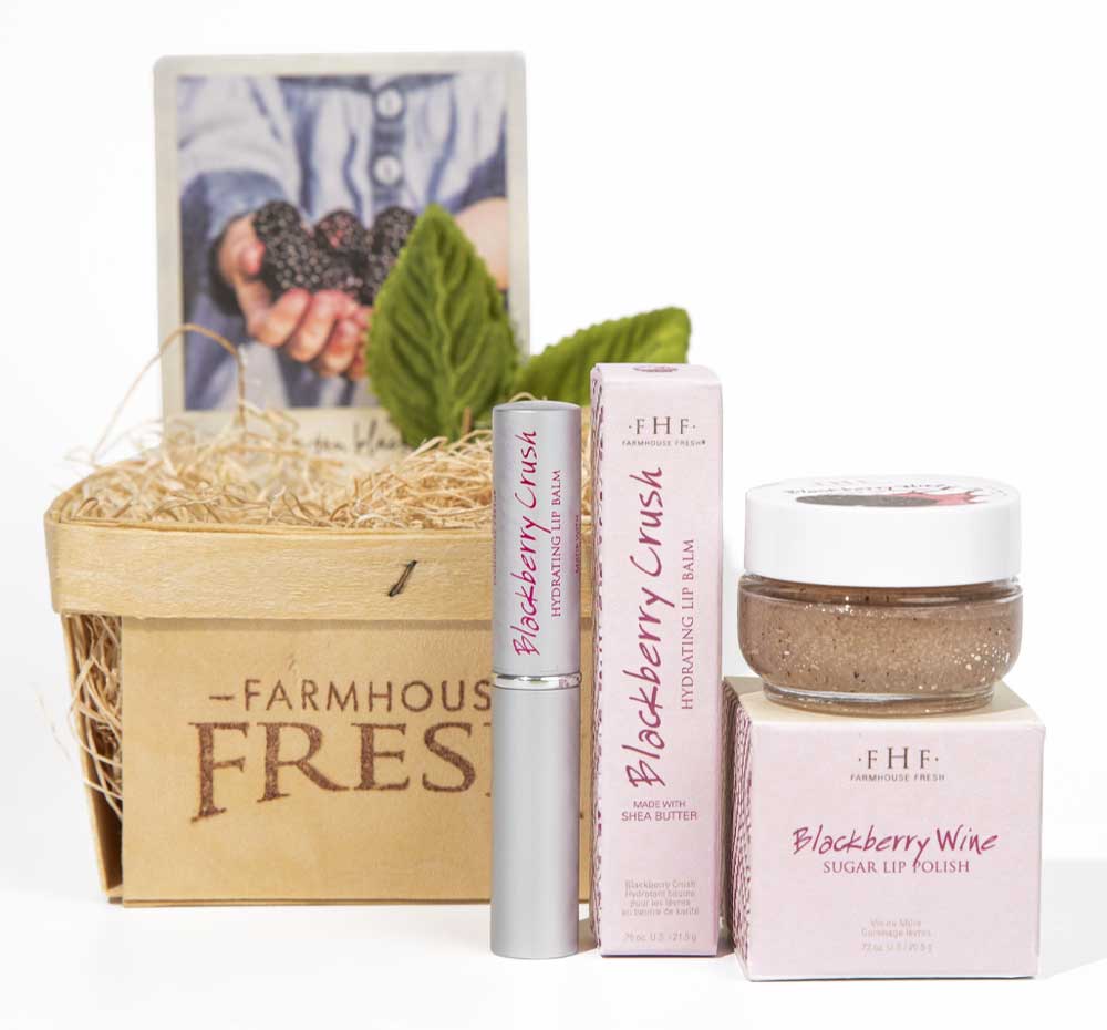 Farmhouse Fresh Blackberry Lip Gift Basket features a hydrating lip balm and a gentle lip polish.