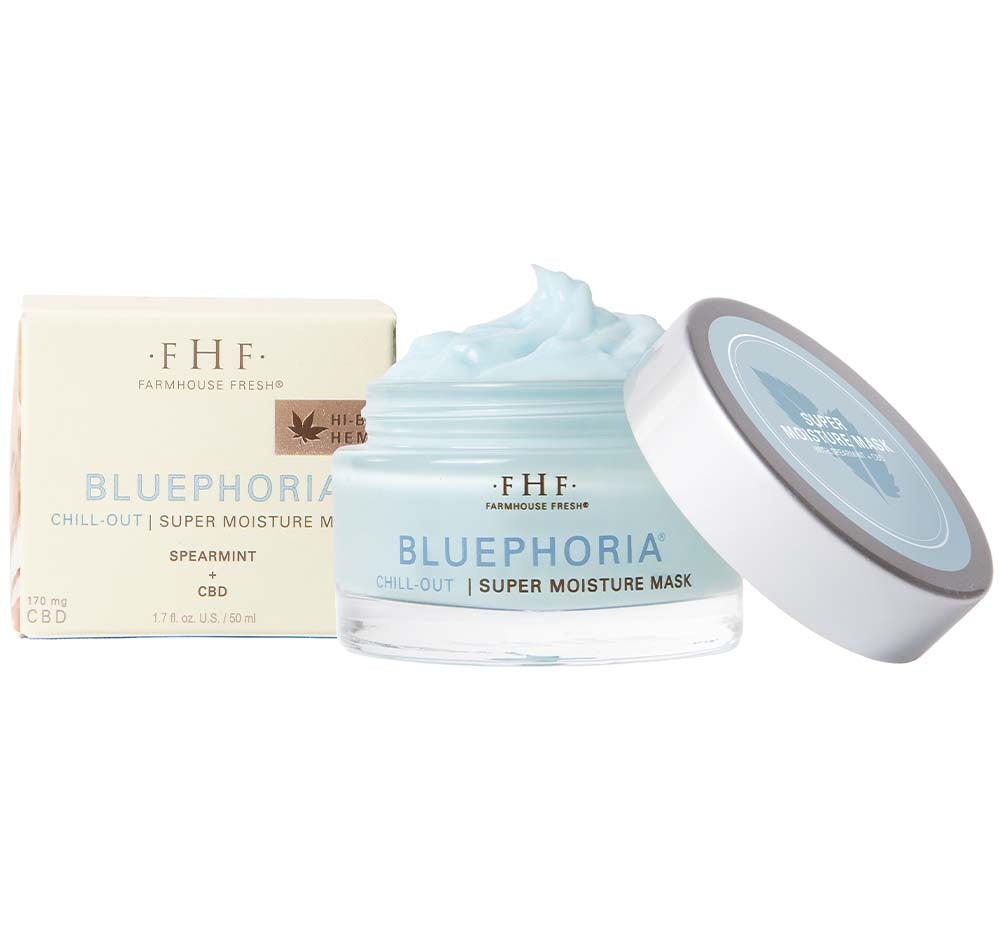 A jar and a box of FarmHouse Fresh Bluephoria Chill-Out Super Moisture Mask made with squalane and hyaluronic acid that boost skin’s moisture, visually filling fine lines and wrinkles.