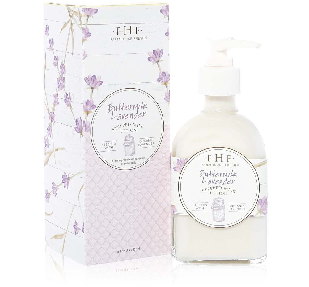 A bottle of Buttermilk Lavender body lotion, infused with the soothing aroma of lavender flowers, from Farmhouse Fresh.