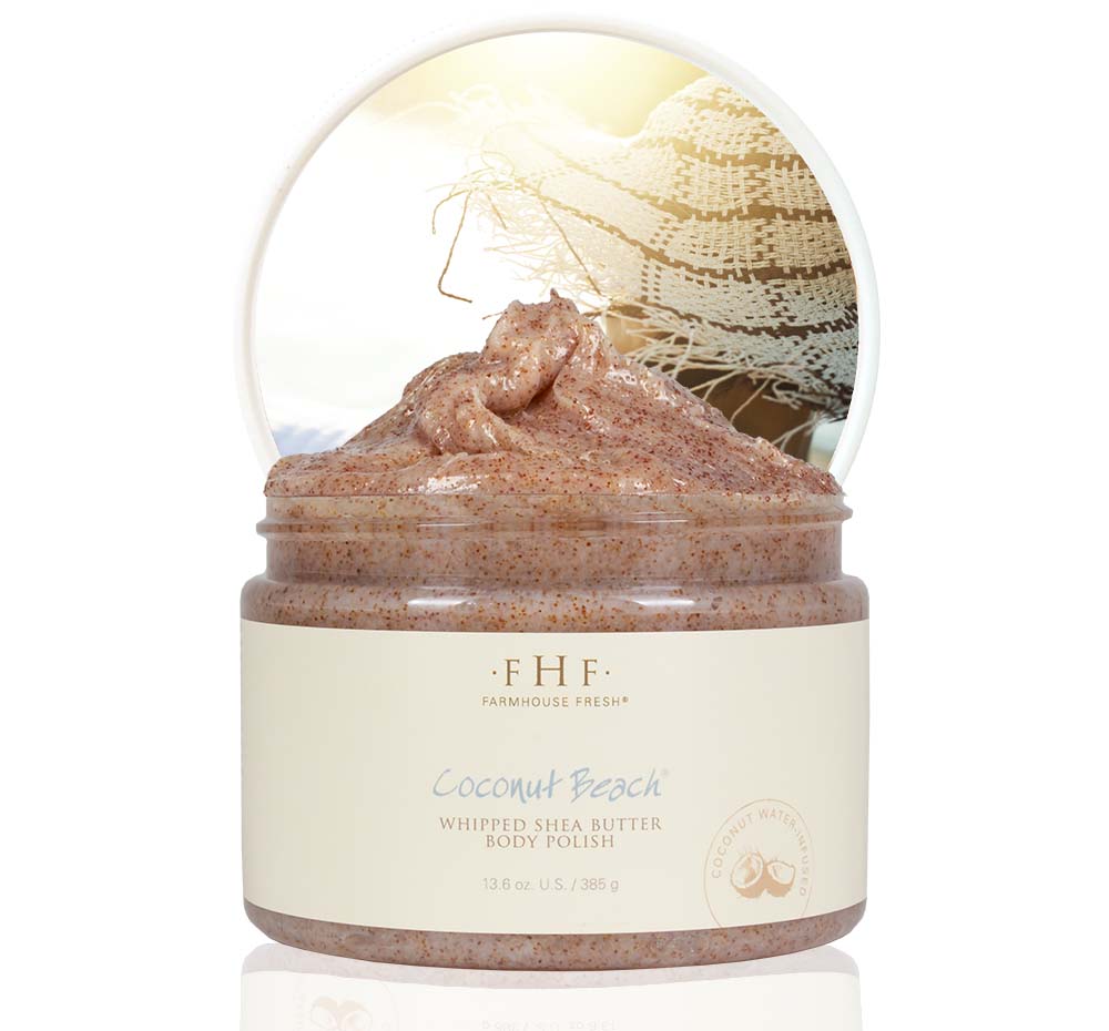 A jar of gentle, exfoliating Farmhouse Fresh Coconut Beach scrub for dry skin on a white background.