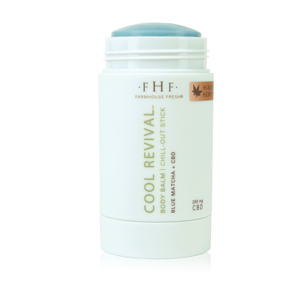 A tube of Cool Revival Body Balm by FarmHouse Fresh infused with CBD, Blue Matcha and locally grown spearmint extract.