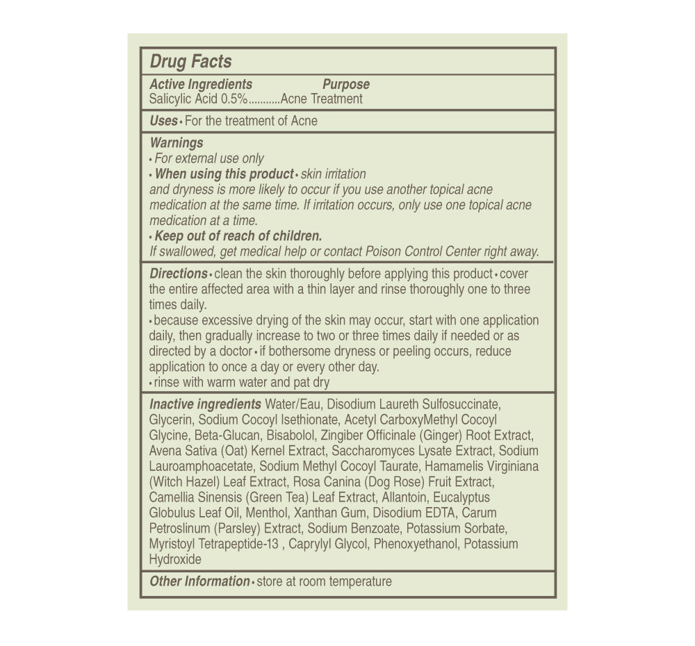 Drug facts panel of FarmHouse Fresh Crisp Start Clarifying Face Wash acne treatment made with clinical ingredients like salicylic acid.