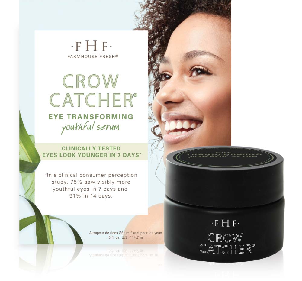 A jar of Crow Catcher Eye Transforming Serum by FarmHouse Fresh with a box next to it, made to diminish fine lines and wrinkles in the eye area.