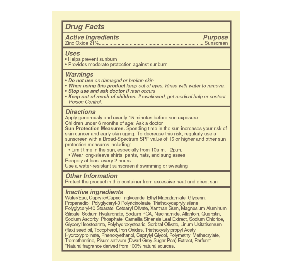 A table with drug facts showing zinc oxide as the main ingredient in Elevated Shade® Age-Defending 100% Mineral Sunscreen by FarmHouse Fresh, as well as suggested uses and inactive ingredients.