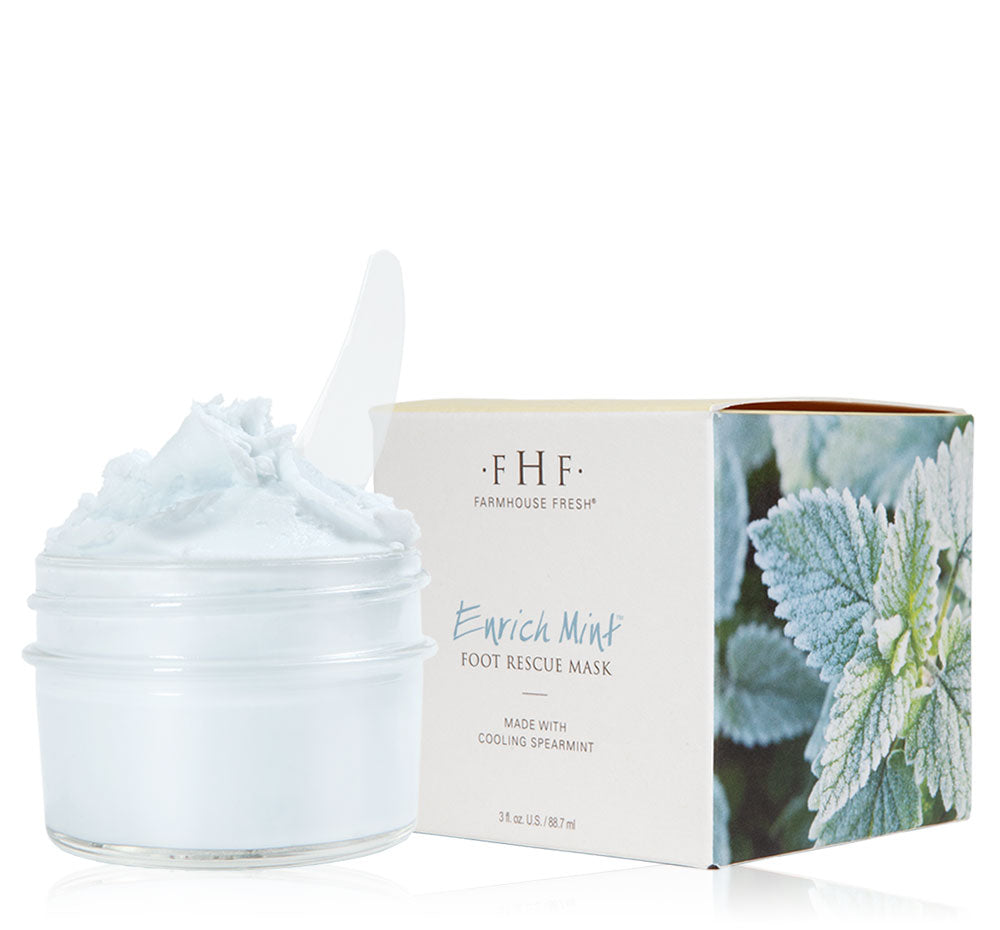 A jar and a box of FarmHouse Fresh Enrich Mint Foot Rescue Mask that nourishes and moisturizes cracking and peeling feet.