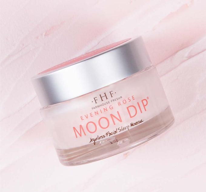 A jar of overnight face cream Evening Rose Moon Dip Ageless Facial Sleep Mousse with Peptides and Retinol by FarmHouse Fresh.