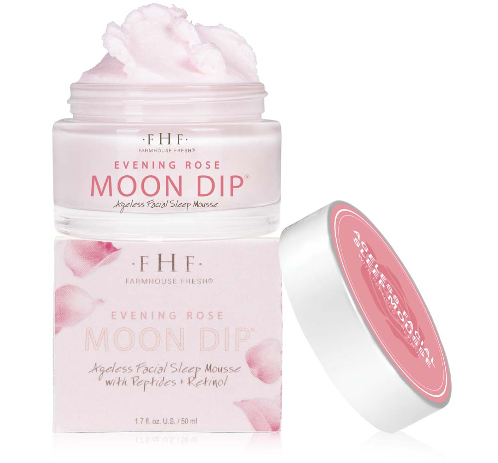 A jar and a box of FarmHouse Fresh Evening Rose Moon Dip Ageless Facial Sleep Mousse with Peptides and Retinol recommended for aging and dry skin.