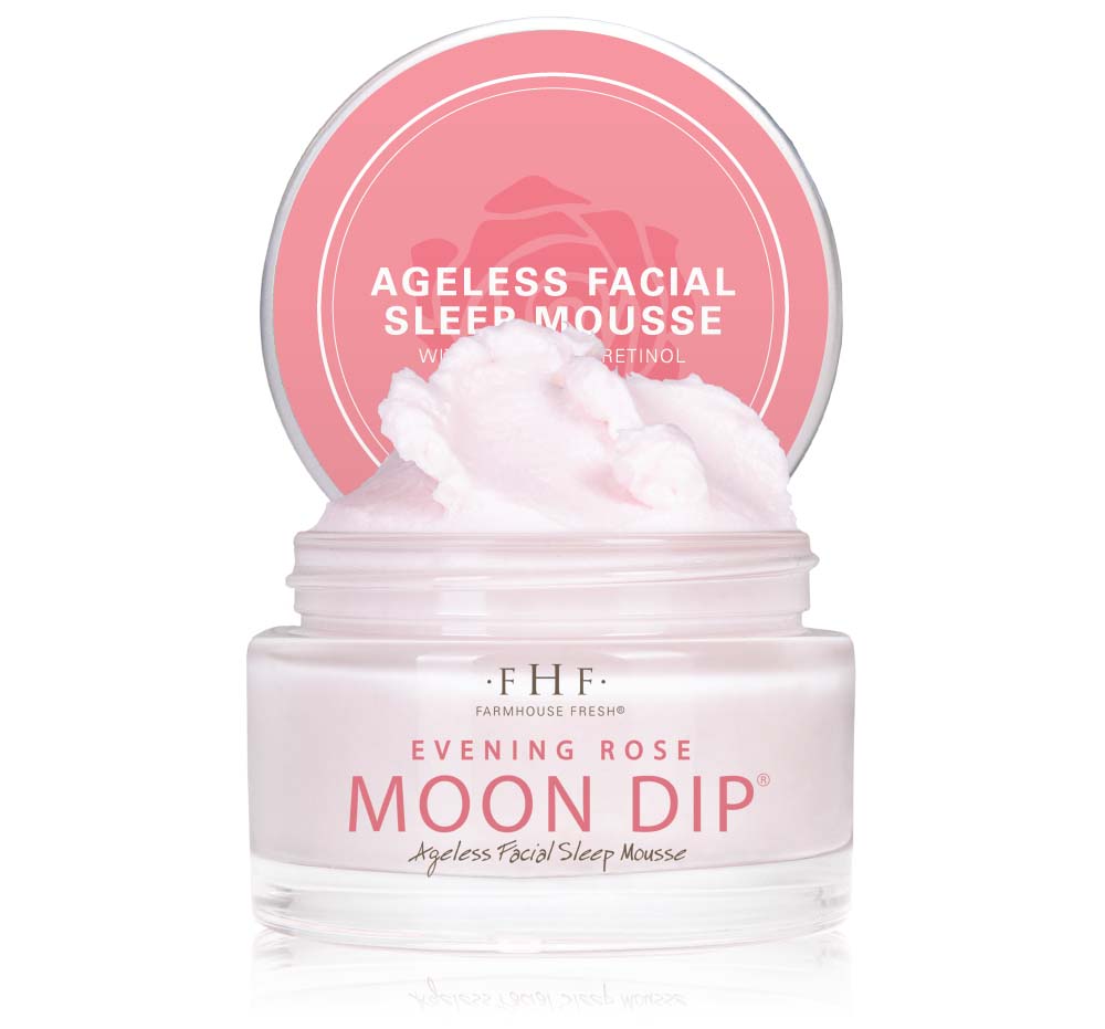 A jar of FarmHouse Fresh Evening Rose Moon Dip Ageless Facial Sleep Mousse with Peptides and Retinol that makes skin soft and smooth while fighting wrinkles.