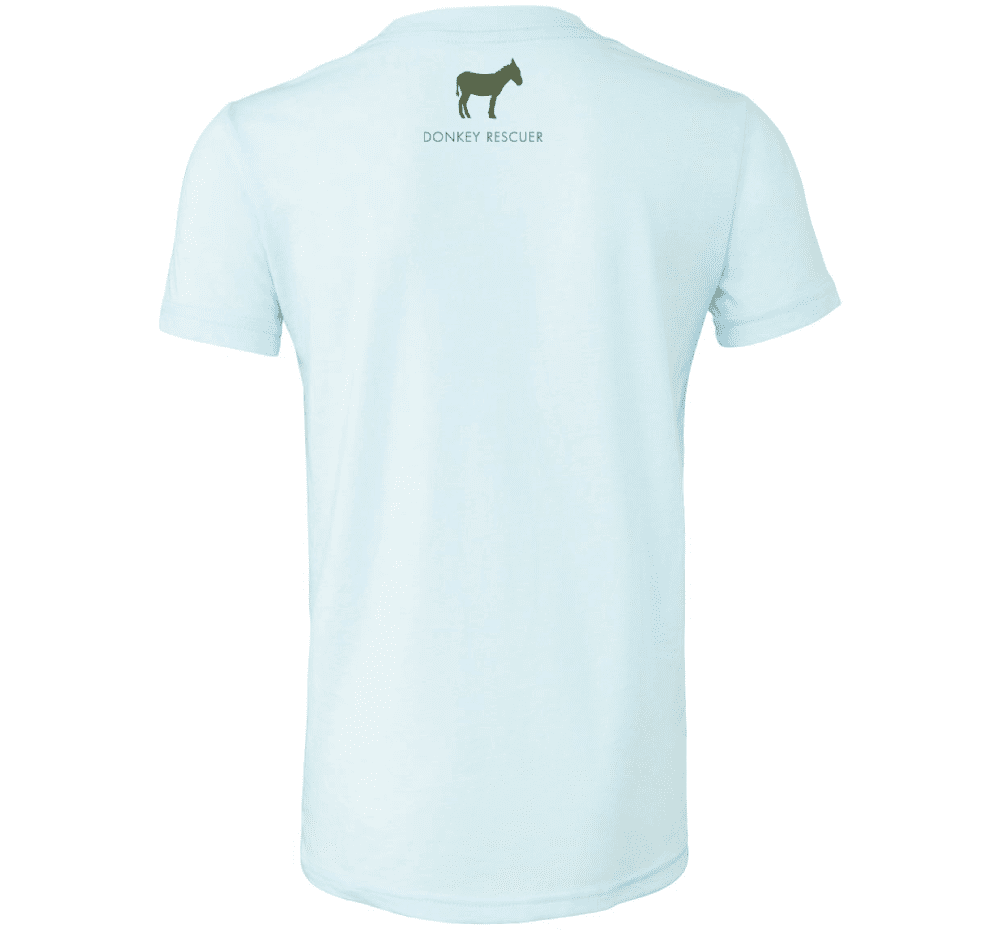 Back view of a blue, very soft FarmHouse Fresh® Donation T-Shirt that features an image of a donkey and says Donkey Rescuer.