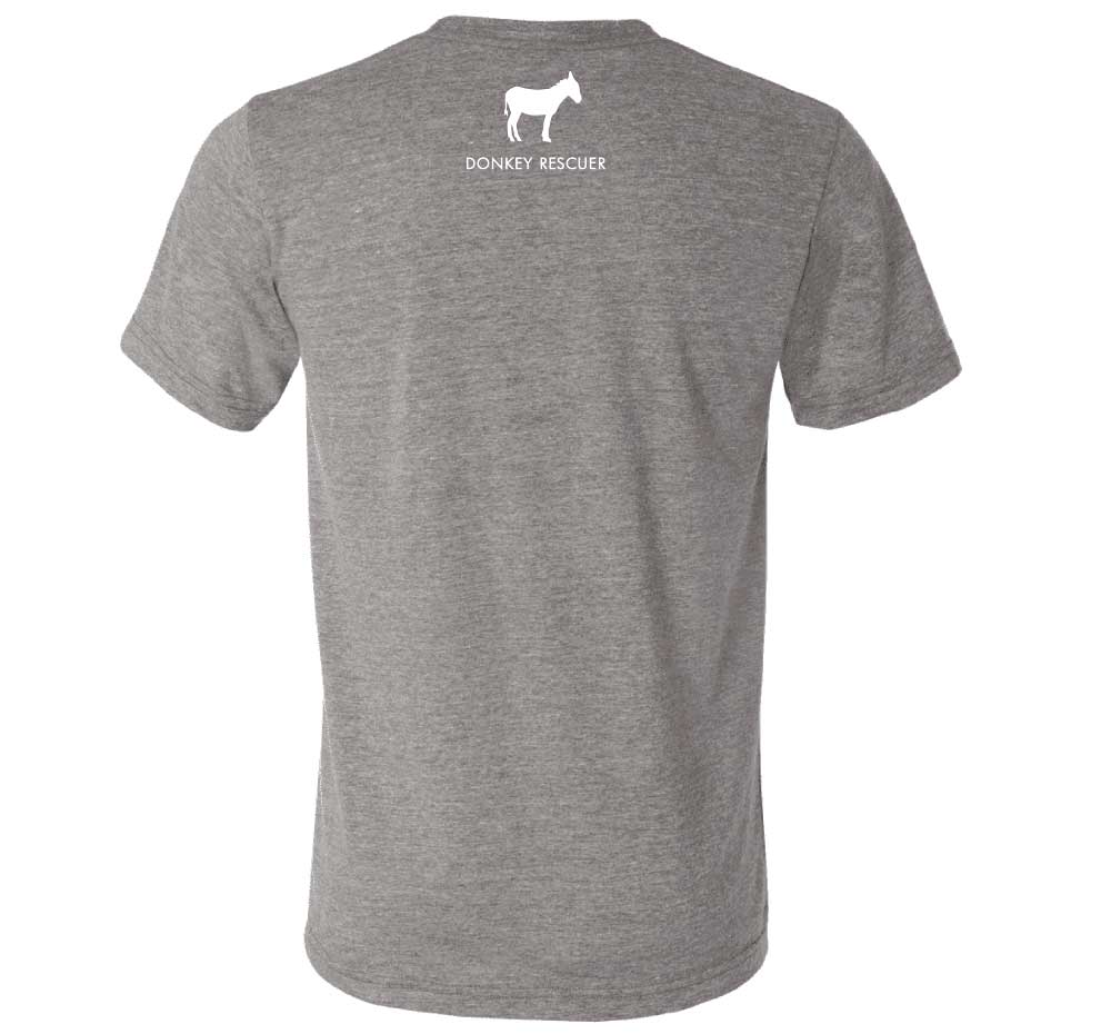 Back view of a grey, very soft FarmHouse Fresh Donation T-Shirt that features an image of a donkey and says Donkey Rescuer.