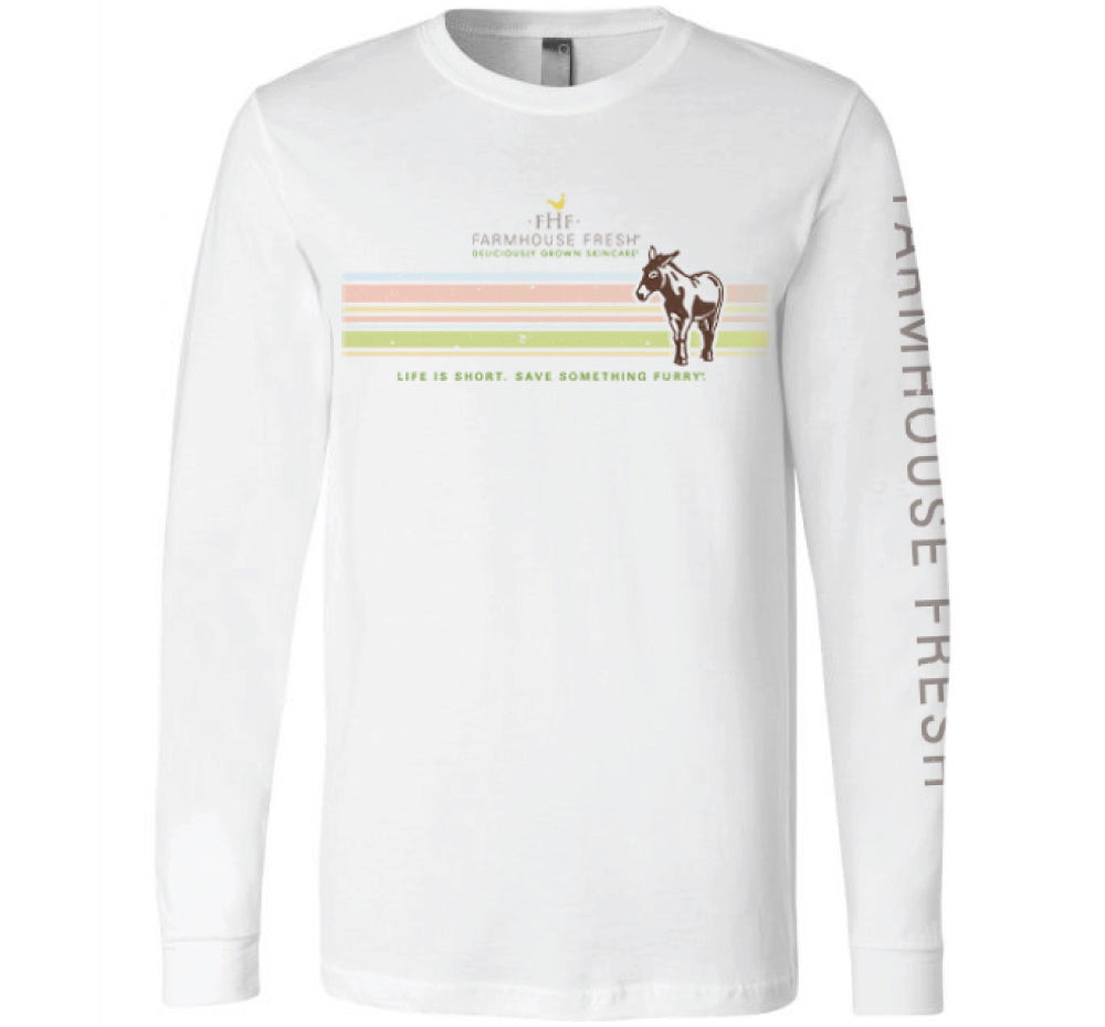 Lightweight, unisex FarmHouse Fresh long sleeve Shirt that donates to animal sanctuary in white color.