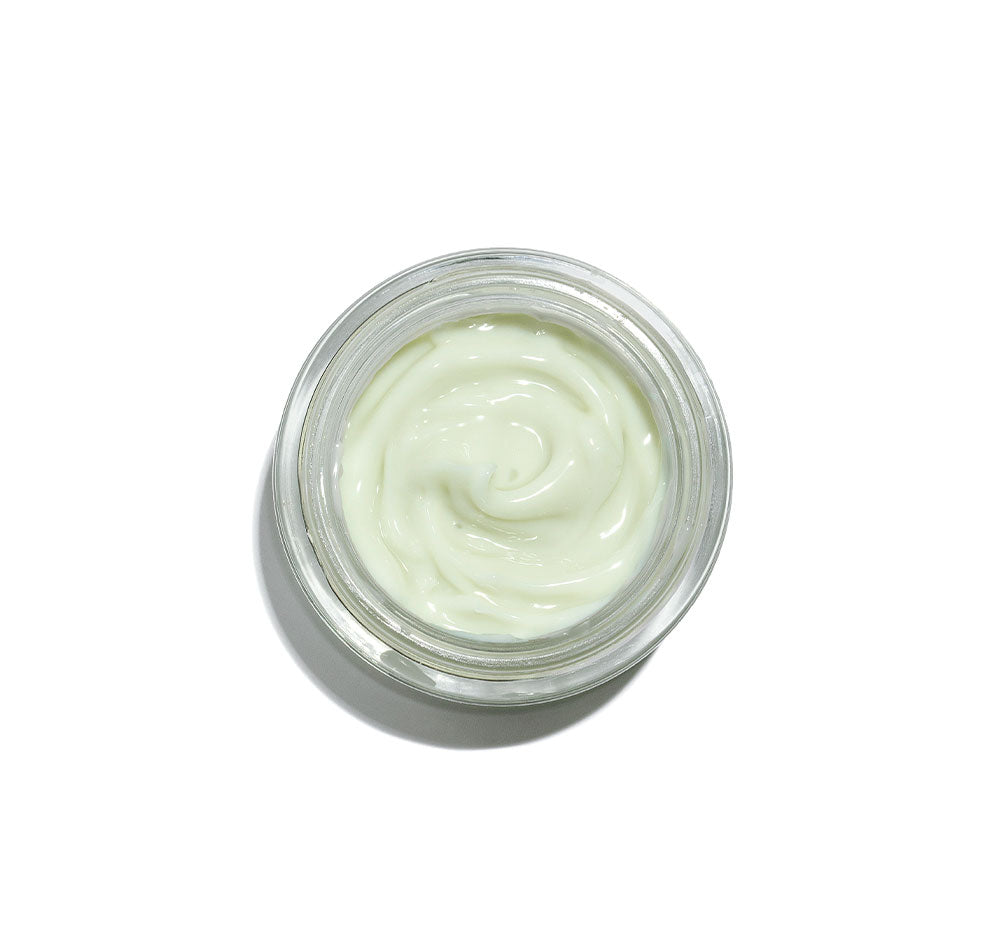 Top view of an opened jar of FarmHouse Fresh Fields of Green Organic Matcha Ultra-Soothing Face Cream suitable even the most sensitive skin types.