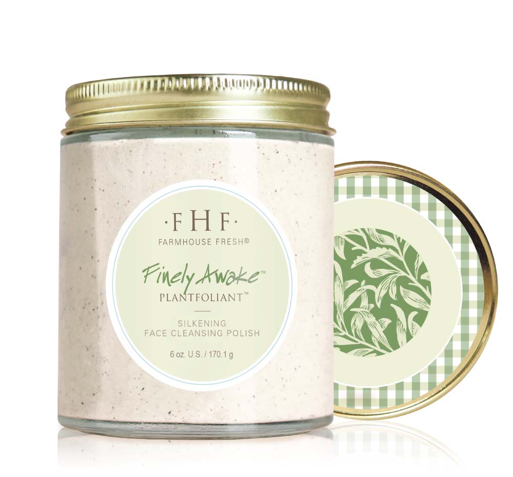 A jar of Finely Awake Face Cleansing Polish by FarmHouse Fresh, made for normal to oily skin prone to aging.