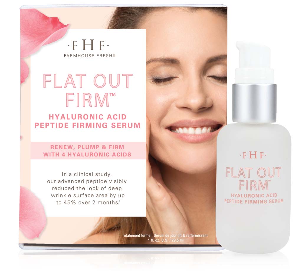 A bottle and a box of FarmHouse Fresh Flat Out Firm Hyaluronic Acid Peptide Firming Serum made with natural and organic ingredients.