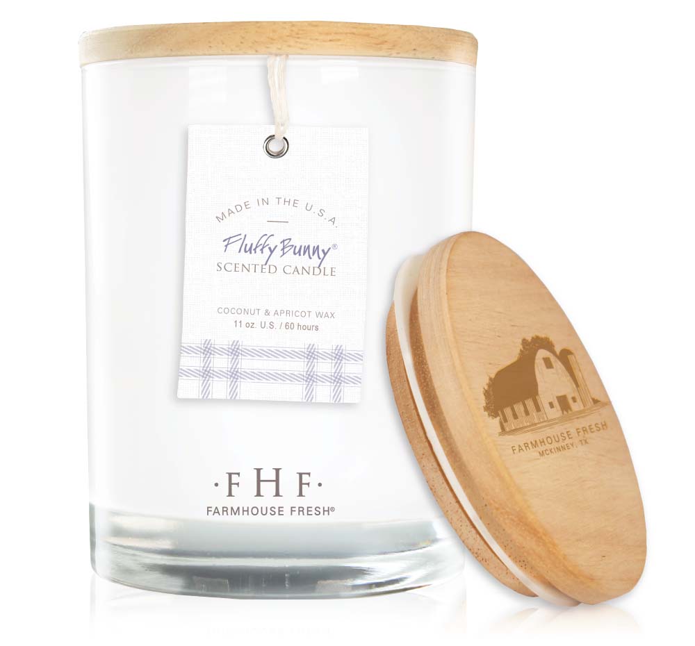 A best-selling Fluffy Bunny epicurean candle with a Farmhouse Fresh wooden lid that fills the room with delightful scents. Made with a coconut & apricot wax blend.