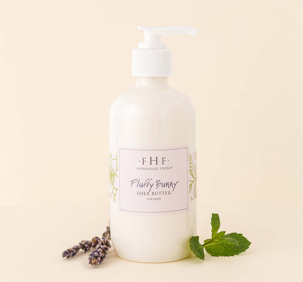 A Fluffy Bunny® body lotion enriched with shea butter and infused with soothing scents of lavender and mint julep by Farmhouse Fresh. Perfect for dry skin.