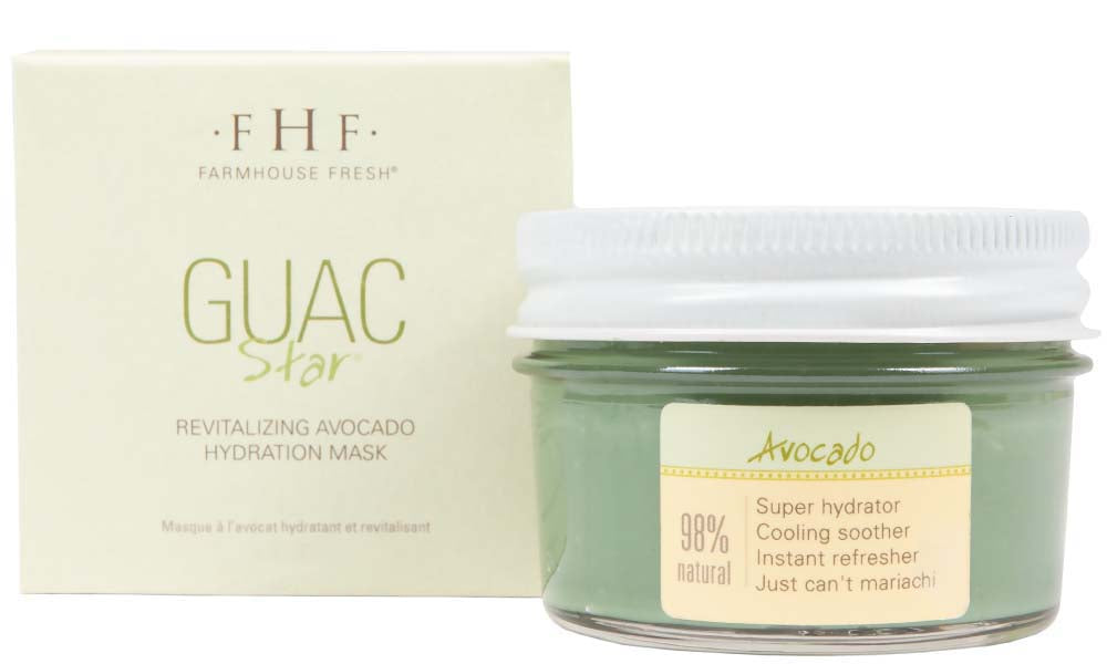 A jar of Guac Star Soothing Avocado Hydration Mask in front of a box. Made to comfort and nurture skin.