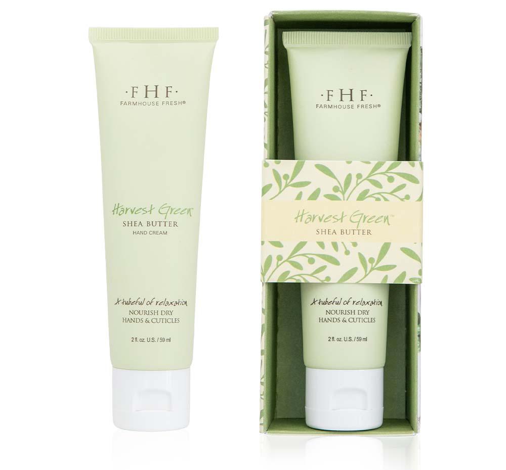 A tube and a box of FarmHouse Fresh Harvest Green Shea Butter for hands that hydrates and softens skin.