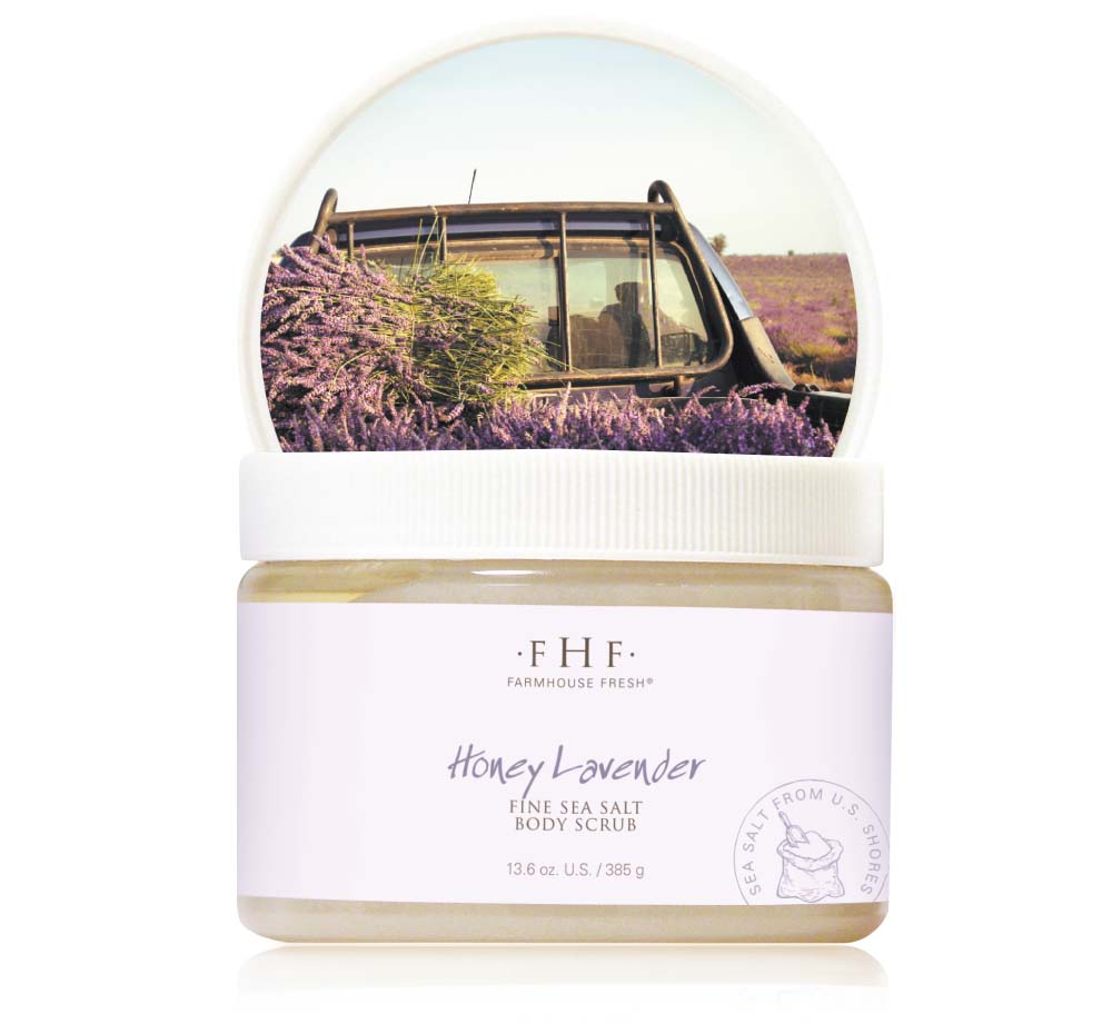 A jar of Honey Lavender Fine Sea Salt Body Scrub by FarmHouse Fresh for soft, smooth skin.