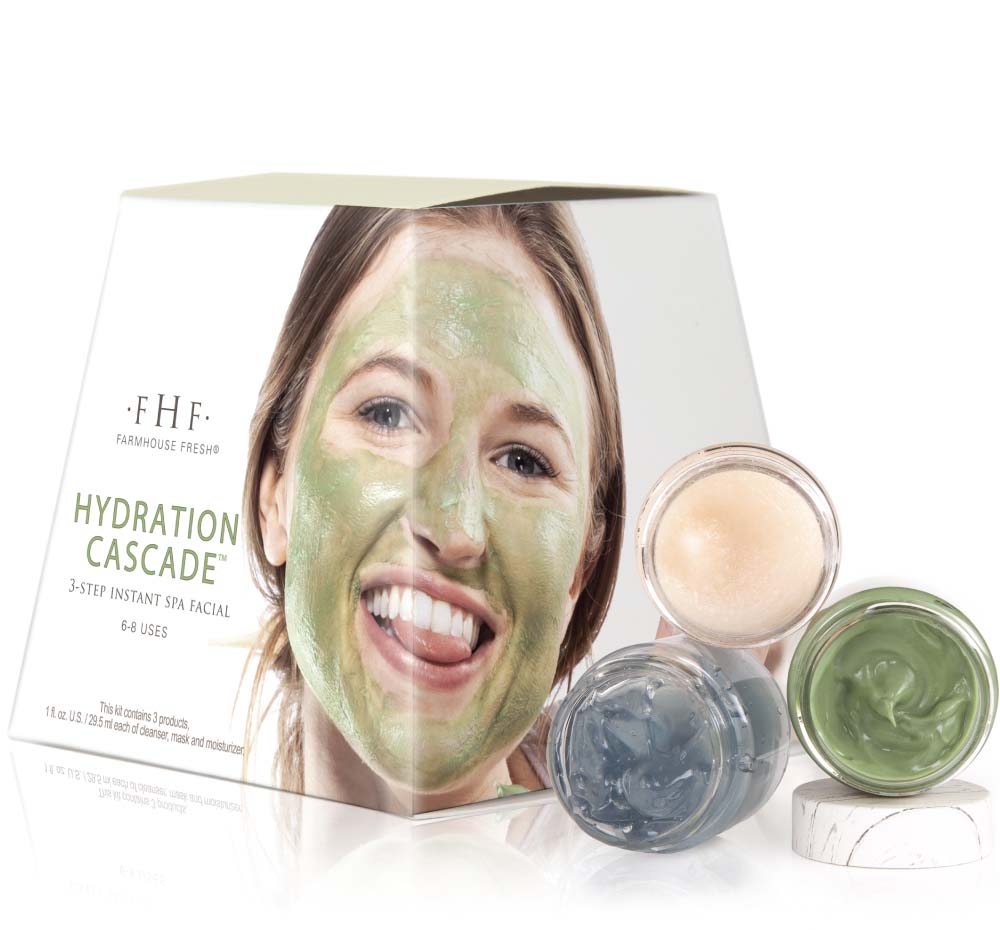 Three jars with skincare products from Hydration Cascade Instant Spa Facial by FarmHouse Fresh with a box next to them. Includes a face polish, hydrating face mask and a face moisturizer.