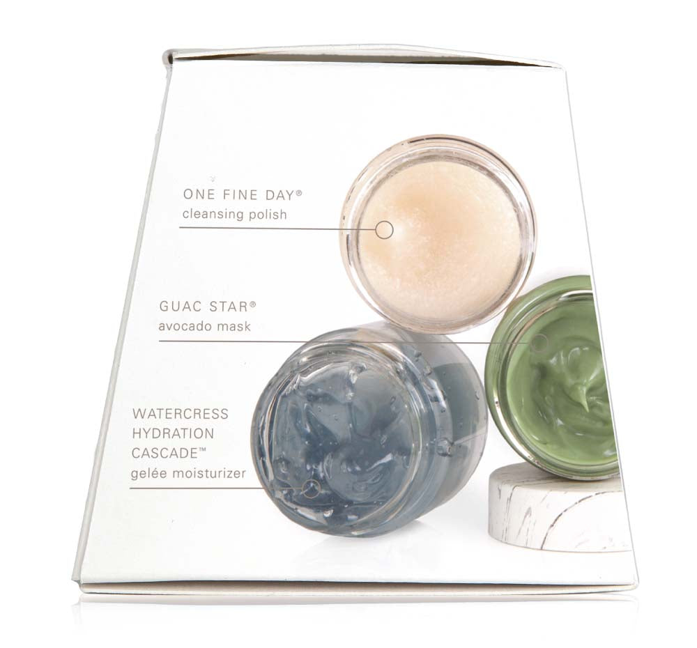 Side view of the box of Hydration Cascade 3-step Instant Spa Facial. Shows open jars of FarmHouse Fresh best-selling skincare products for dry skin.