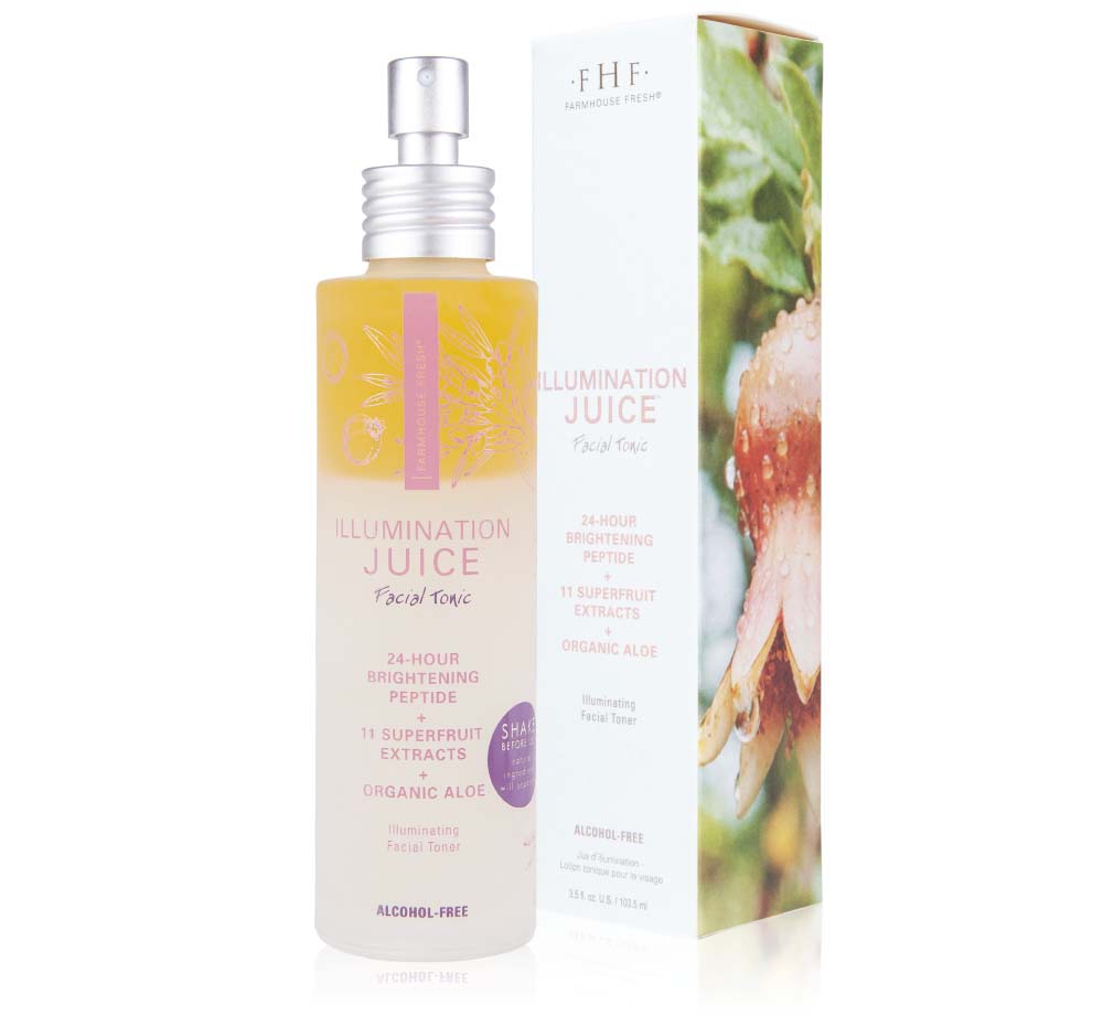 A bottle and a box of refreshing, invigorating and moisturizing facial toner by FarmHouse Fresh called Illumination Juice.