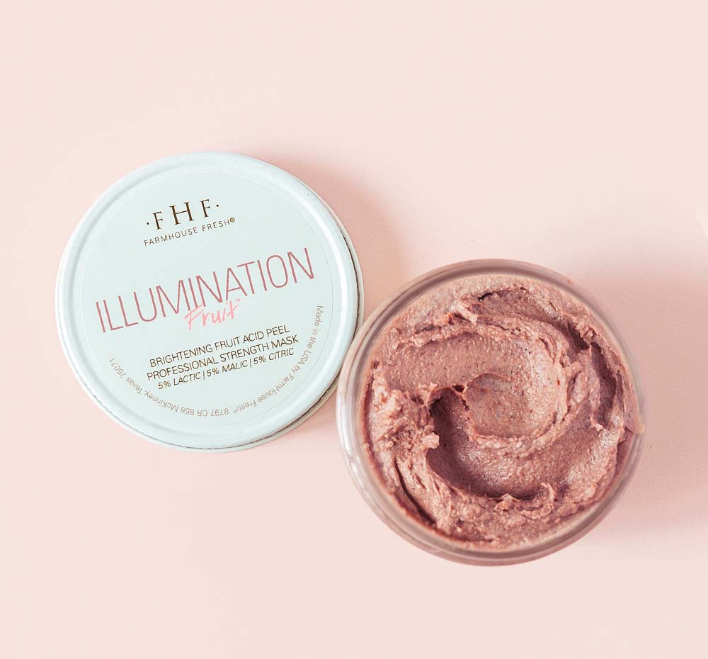 An opened jar of Illumination Fruit professional acid Peel Mask by FarmHouse Fresh for smooth and healthy skin.