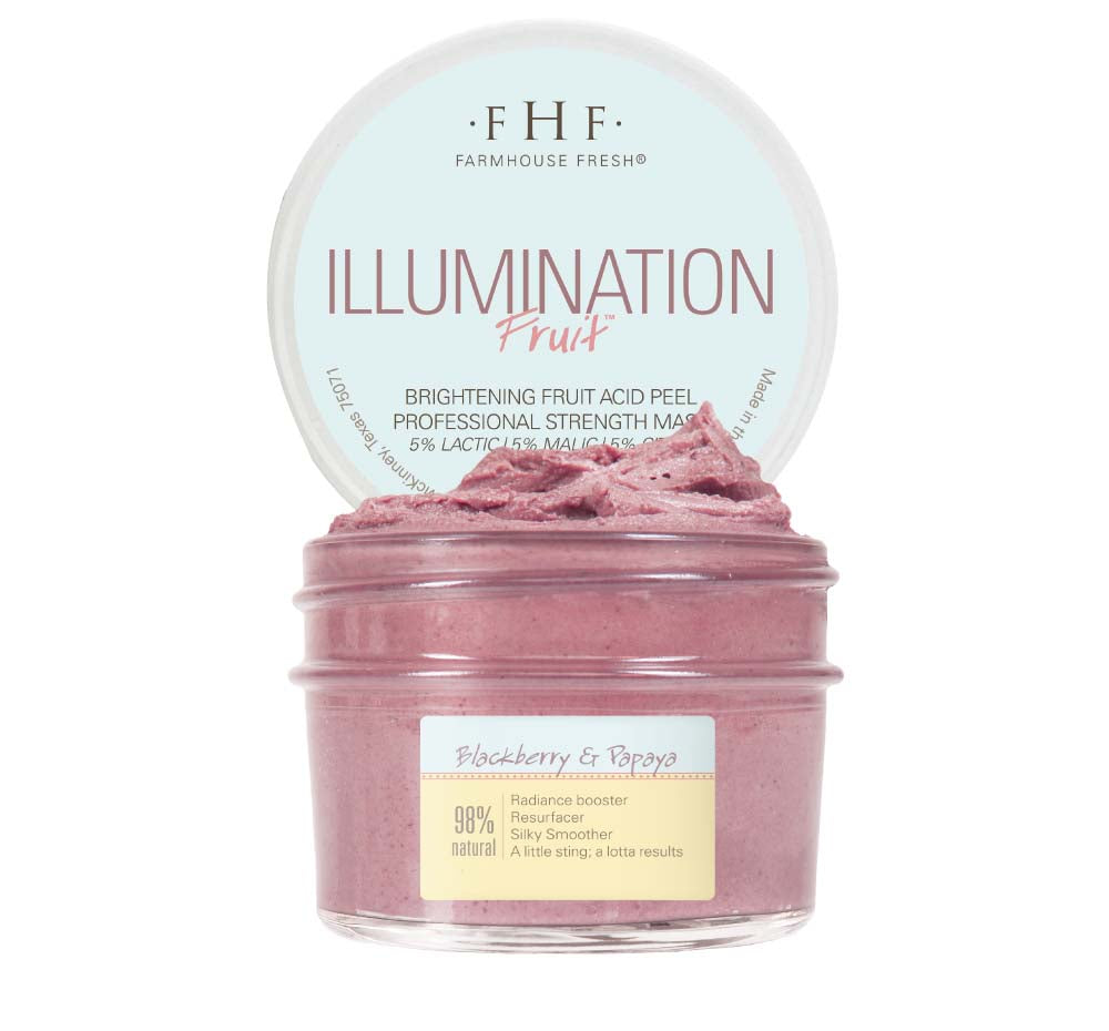 A jar of Illumination Fruit acid peel mask by FarmHouse Fresh to remove dead skin cells.