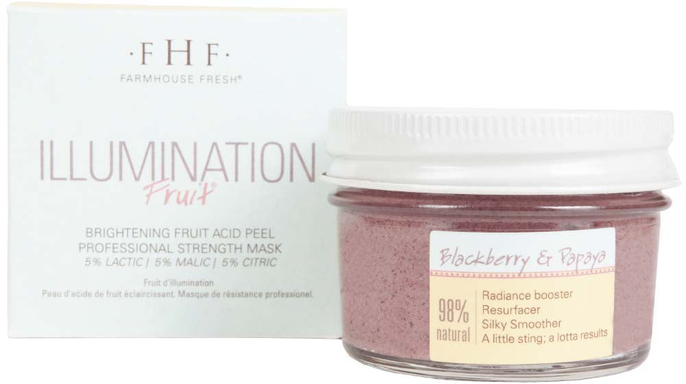 A jar of Illumination Fruit acid peel mask by FarmHouse Fresh with a box next to it, made to improve skin texture.