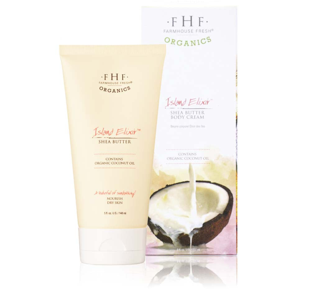 A tube and a box of FarmHouse Fresh Island Elixir Body lotion with organic coconut and pineapple aroma.