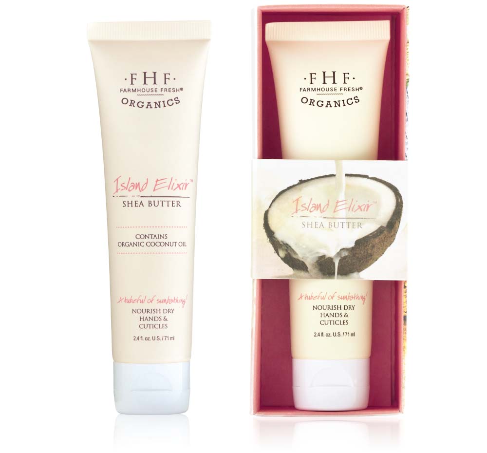 A tube and a box of FarmHouse Fresh Island Elixir hand lotion made with organic ingredients.