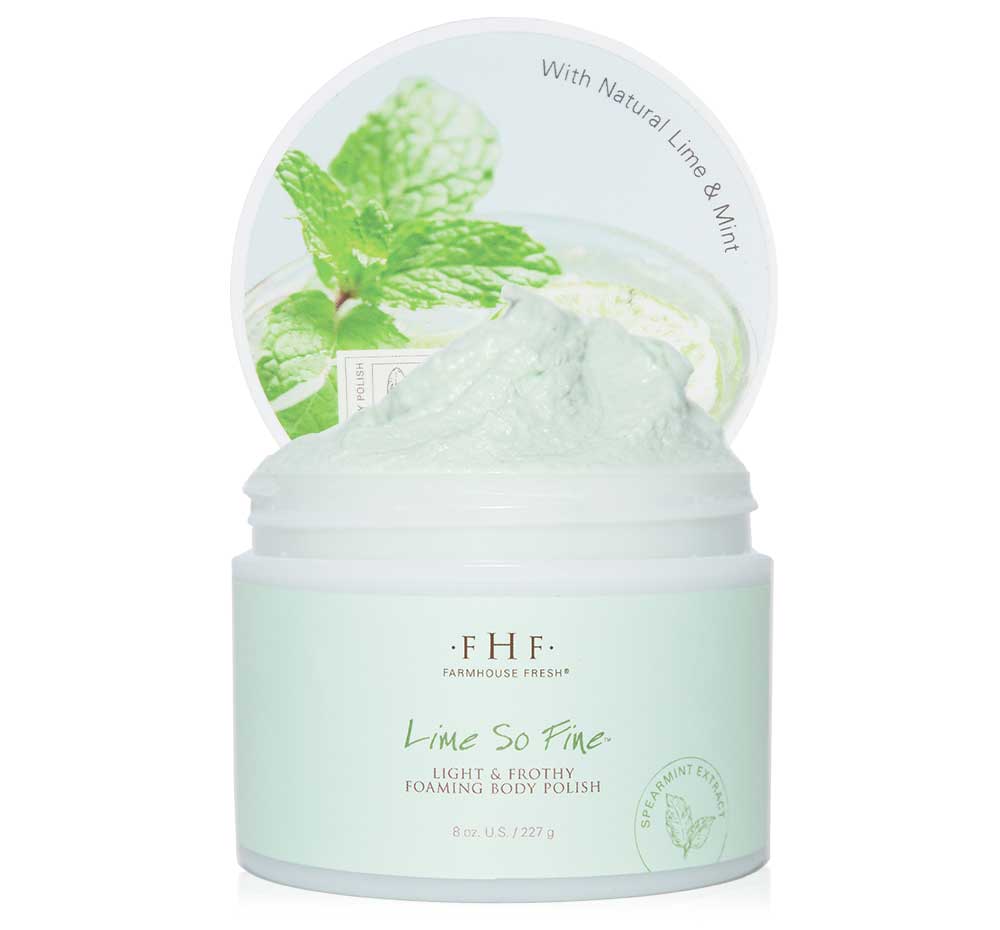 A jar of FarmHouse Fresh Lime So Fine Foaming Body scrub made with nourishing botanical suds blended with jojoba oil, olive seed powder and refreshing notes of natural mint and lime.