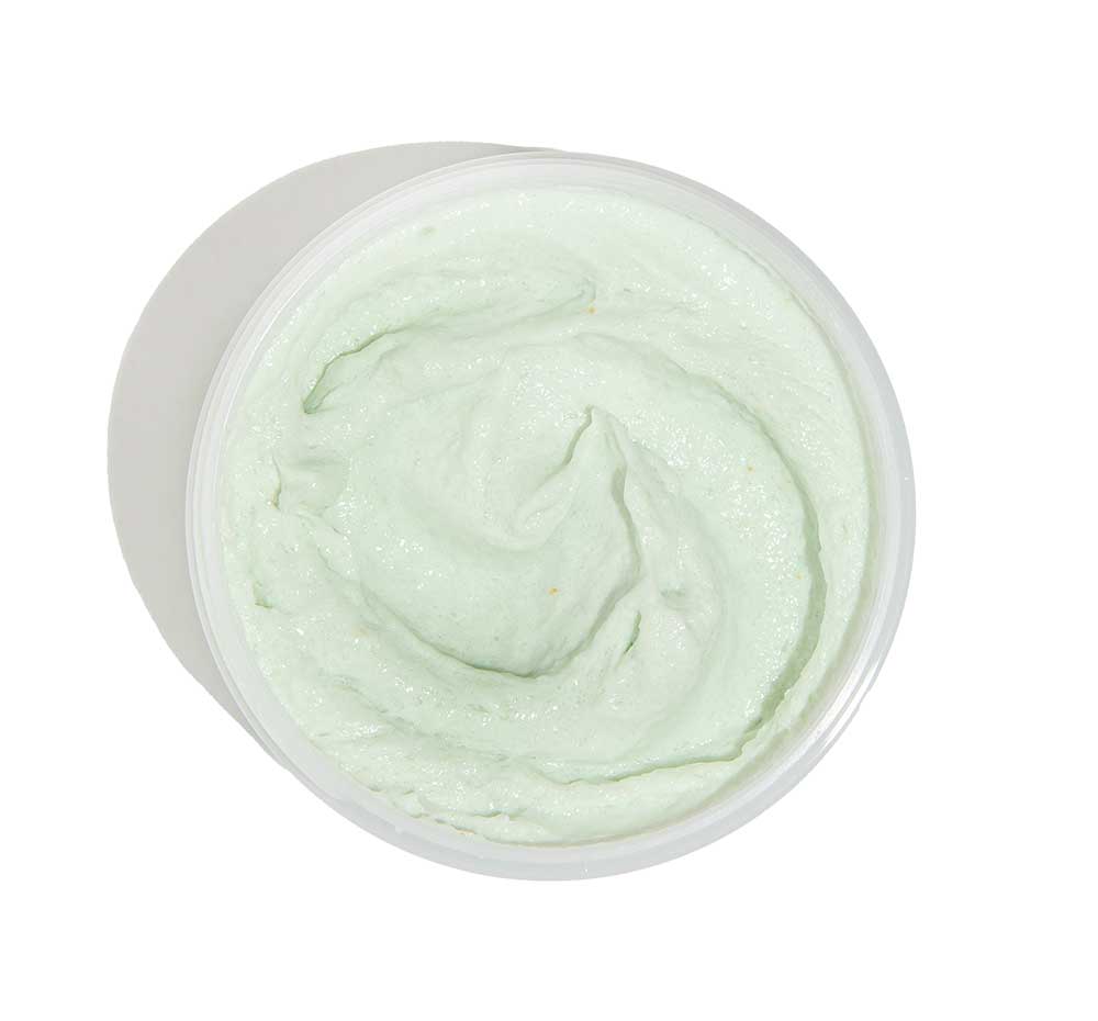 Top view of an opened jar of FarmHouse Fresh Lime So Fine Foaming Body scrub, showing the frothy, sugar-whipped, coconut-based texture.