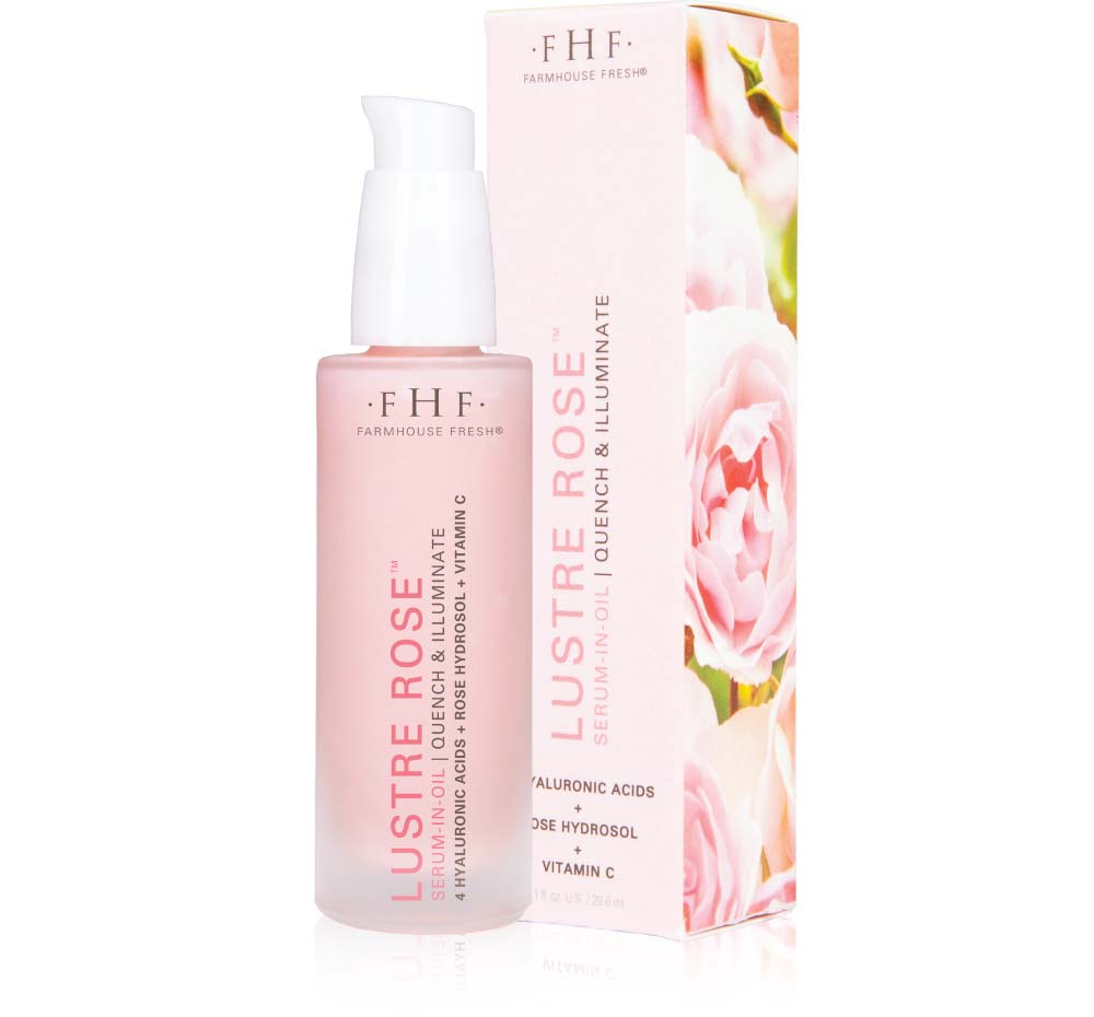 A bottle and a box of FarmHouse Fresh Lustre Rose Serum-in-Oil made with natural and organic ingredients that deliver nourished, simply radiant and brightly awakened skin.