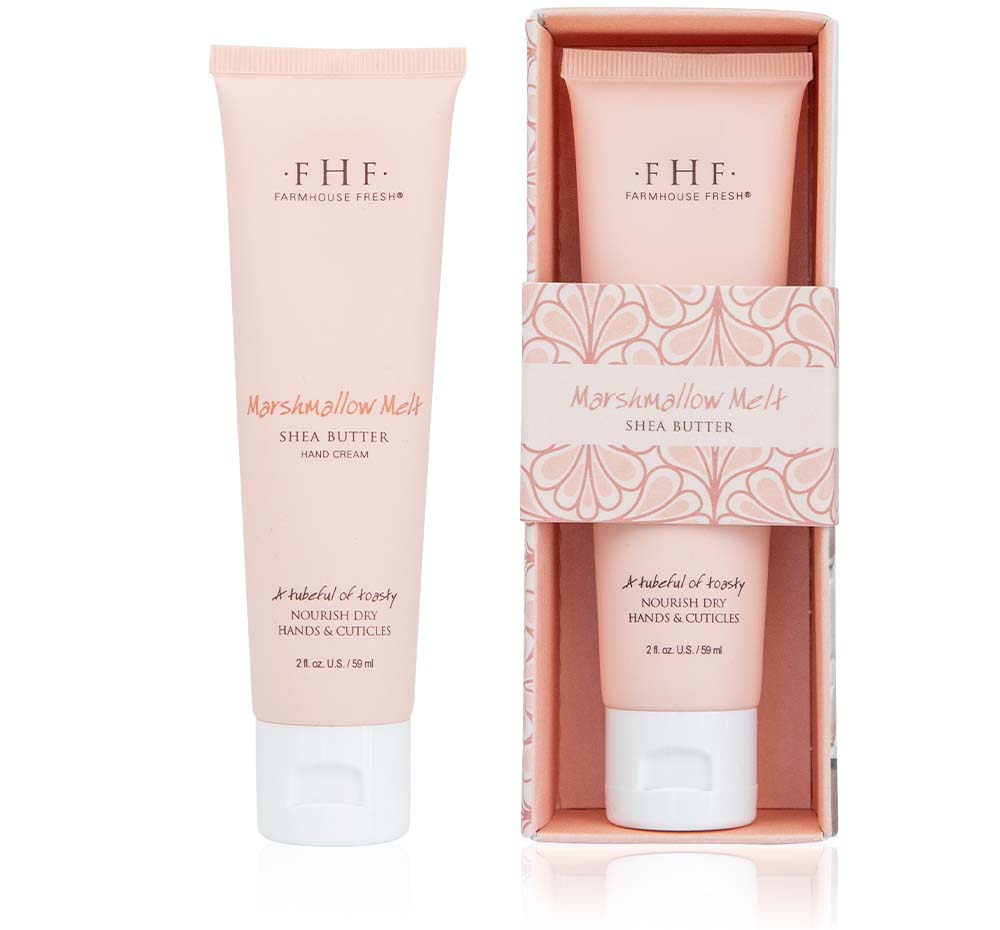 A tube and a box of FarmHouse Fresh Marshmallow Melt Shea Butter hand cream, made to calm and nourish dry skin.