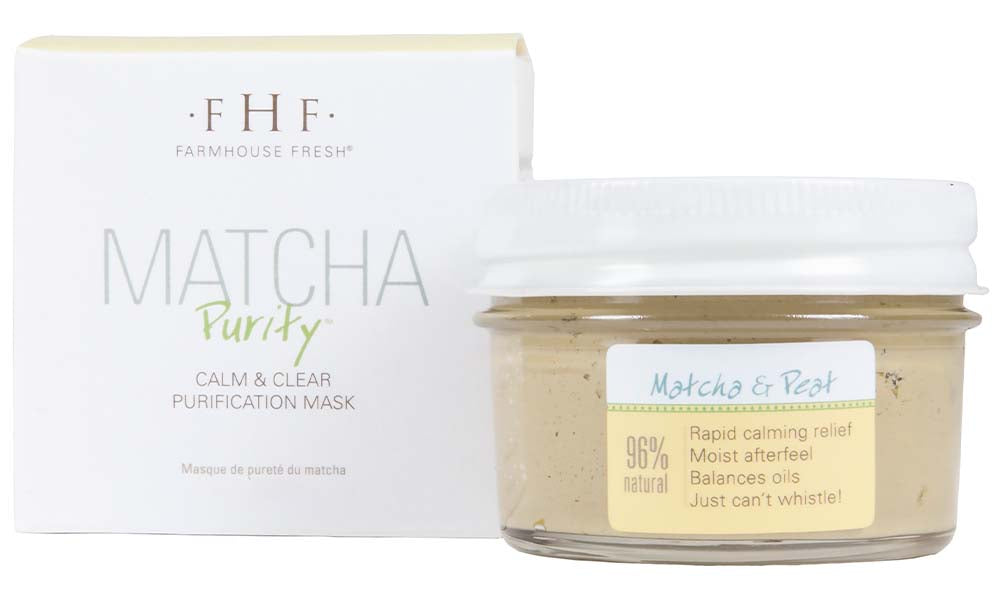 A box and a jar of Matcha Purity Face Mask by FarmHouse Fresh that calms, softens and clears sensitive, dry, rosacea type skin.