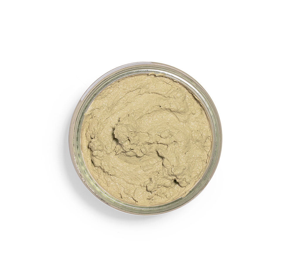 Top view of an opened jar of Matcha Purity Purification Face Mask by FarmHouse Fresh for blemish-prone, dry and sensitive skin.