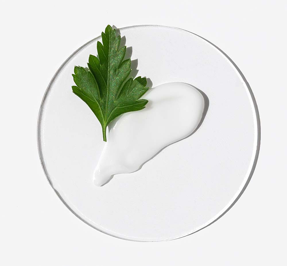 A swatch of FarmHouse Fresh Midnight Clearing Night Lotion next to a parsley leaf that represent the natural ingredients of this acne treatment.