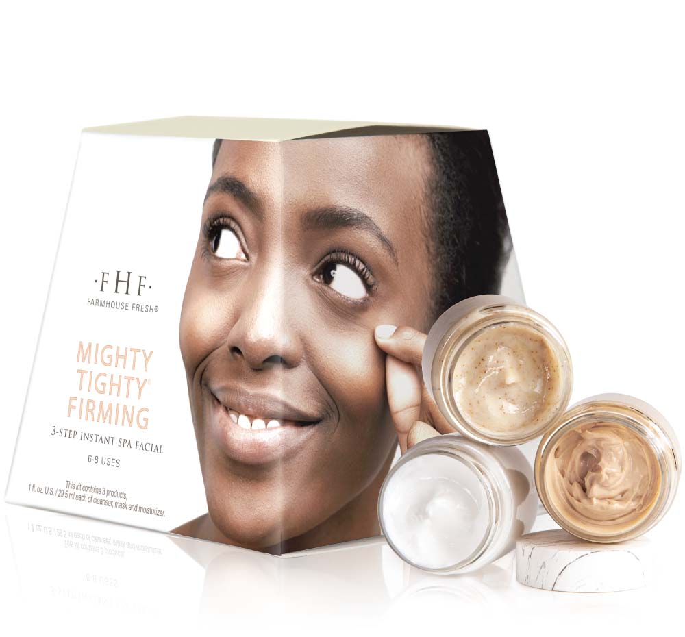 Three jars with skincare products from Mighty Tighty Firming Instant Spa Facial by FarmHouse Fresh with a box next to them. Includes a face polish, tightening face mask and a face moisturizer.