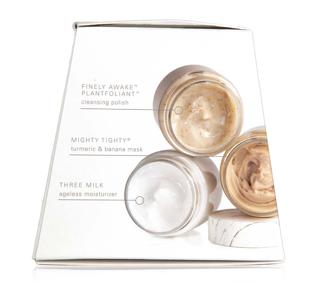 The side view of the box of Mighty Tighty Firming 3-step Instant Spa Facial, showing FarmHouse Fresh three best-selling skincare products for dull, aging, and uneven skin.