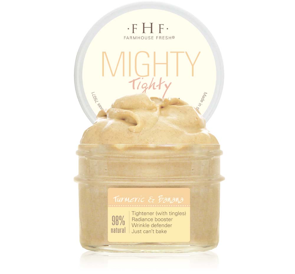 A jar and a lid of Mighty Tighty Turmeric & Banana Tightening Mask by FarmHouse Fresh that is perfect for dull, aging, and uneven skin.