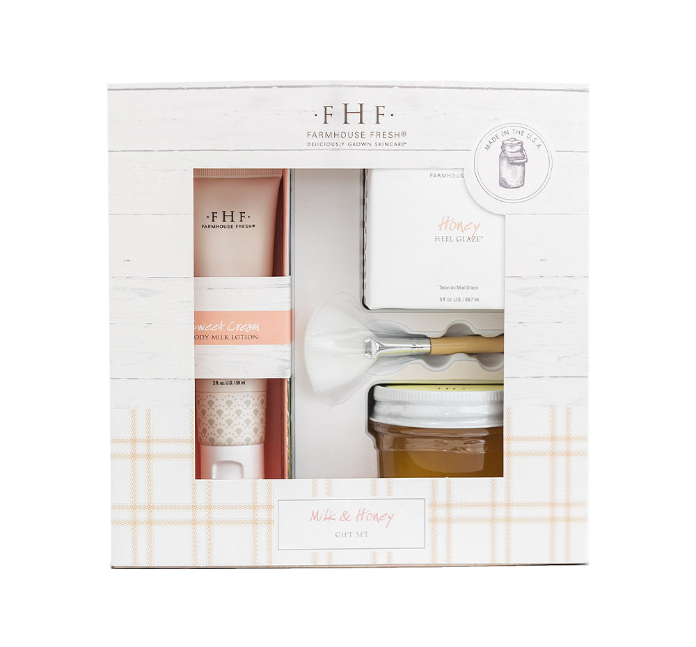 The front view of a box of FarmHouse Fresh Milk & Honey gift set, the perfect gift for any holiday to hydrate body and feet.