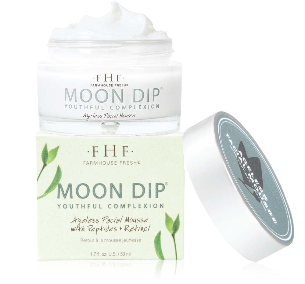 A box and a jar of FarmHouse Fresh’s very hydrating and firming Moon Dip Face moisturizer that erases the look of wrinkles and fine lines.