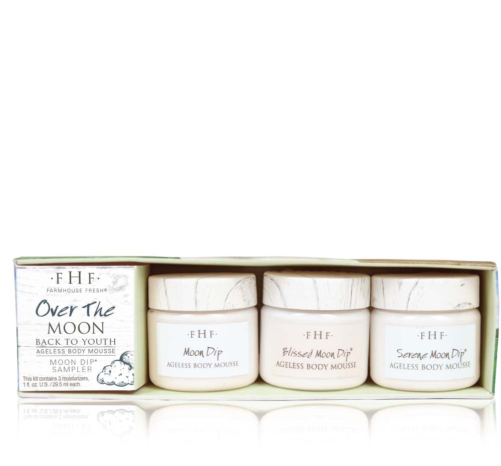 A box of FarmHouse Fresh Over The Moon Body Mousse Sampler that includes three travel-size Moon Dip body moisturizers made with age-fighting ingredients like firming peptides & retinol.